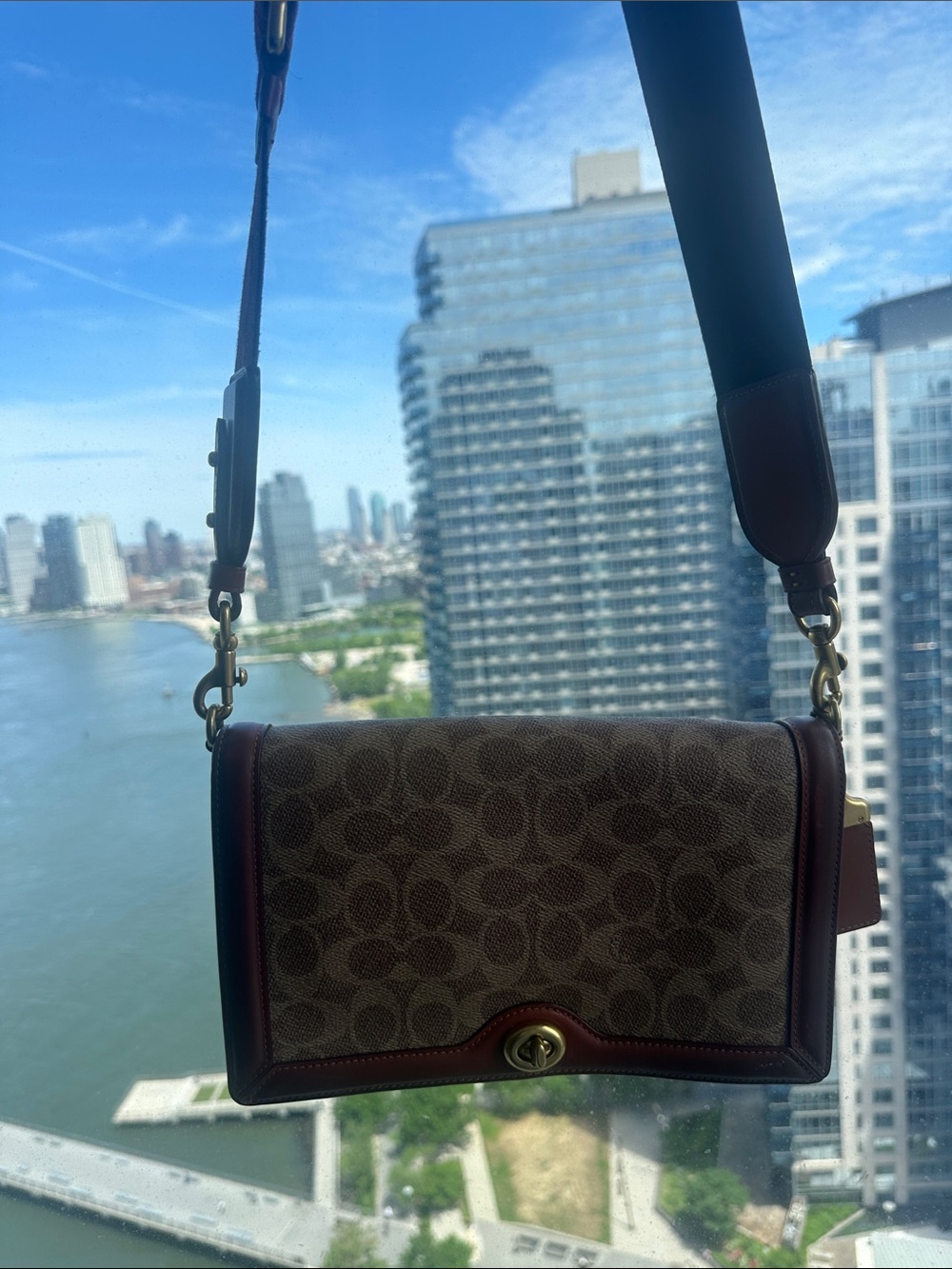 Coach Brown Signature Canvas Shoulder Bag with Burgundy Trim